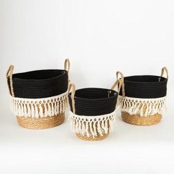 SET 3x slamenih korpi, bež/crna/bela, 25x17x23/28x22x25/35x28x30 cm