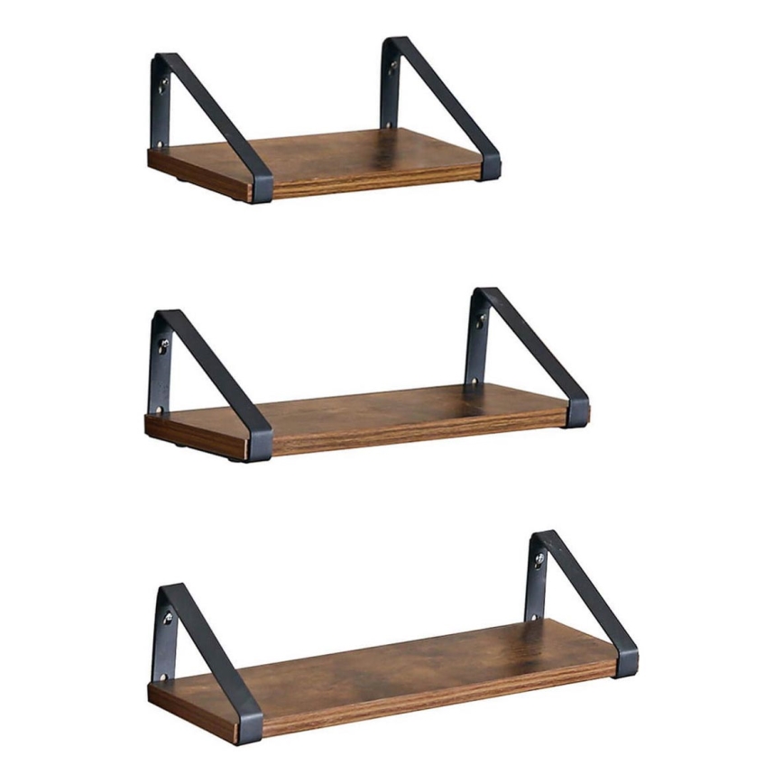 Set 3x zidnih polica SHELFY, braon/crna