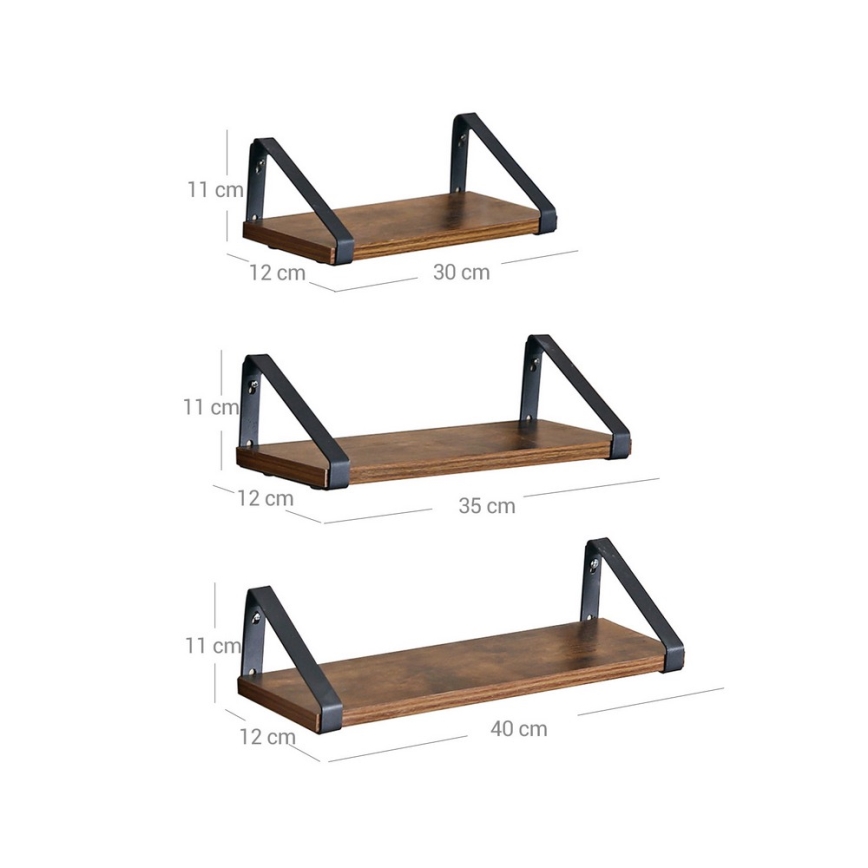 Set 3x zidnih polica SHELFY, braon/crna