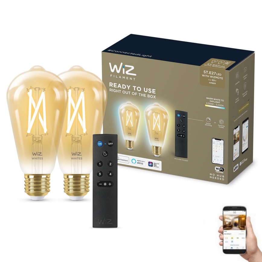 Set od 2 LED prigušiva sijalica ST64 E27/7W/230V 2000-5000K CRI 90 Wi-Fi + daljinski upravljač - WiZ
