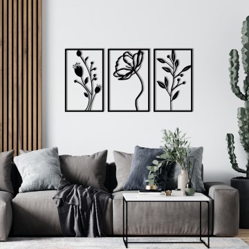 Set od 3 zidne dekoracije 78x39 cm, cvetni motiv, metal