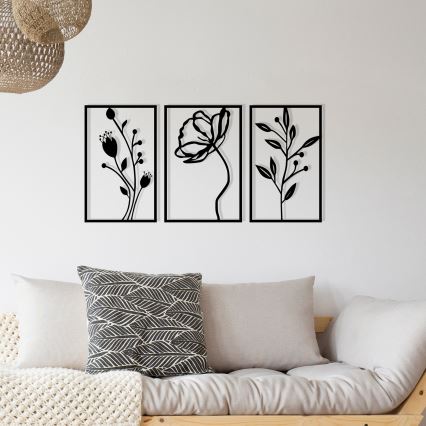 Set od 3 zidne dekoracije 78x39 cm, cvetni motiv, metal