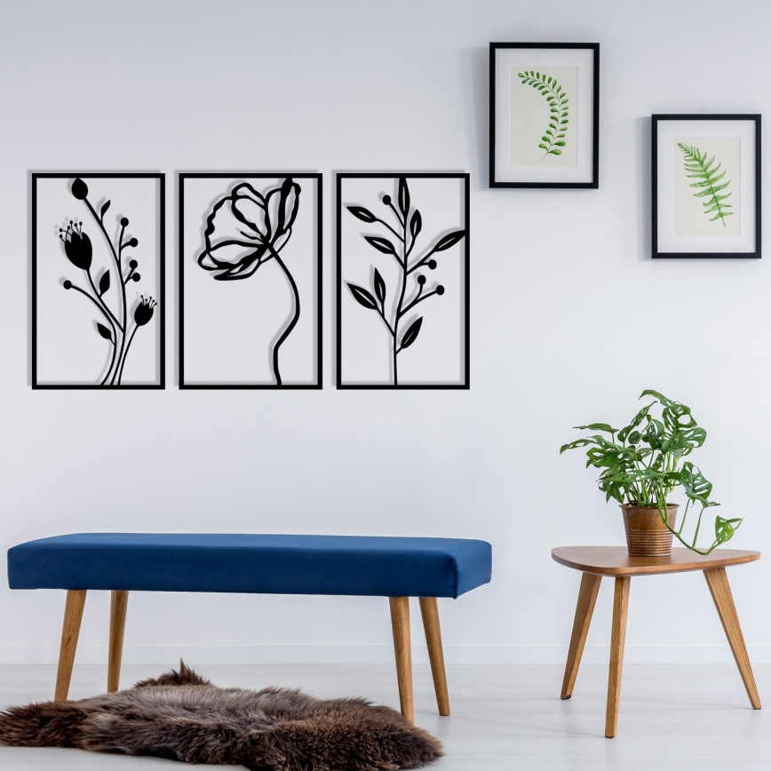 Set od 3 zidne dekoracije 78x39 cm, cvetni motiv, metal