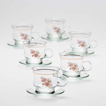 Set od 6 staklenih šoljica sa tanjirićima, proziran cvetni motiv br. 4
