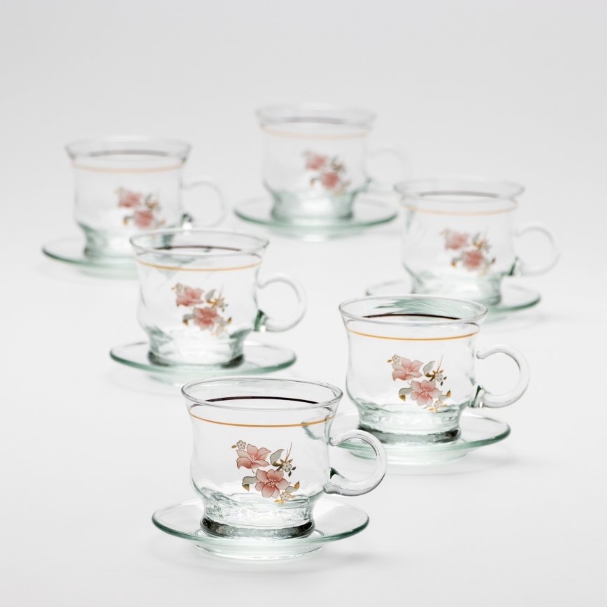 Set od 6 staklenih šoljica sa tanjirićima, proziran cvetni motiv br. 4