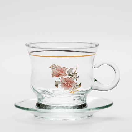 Set od 6 staklenih šoljica sa tanjirićima, proziran cvetni motiv br. 4