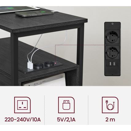 Stolić za odlaganje sa ugrađenim utičnicama i USB portovima ROD, crn