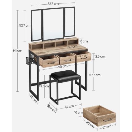 Toaletni sto sa tabureom 28,6x42 cm FLORA smeđa/crna