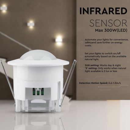 Ugradni PIR senzor pokreta 360° 300W/230V bela