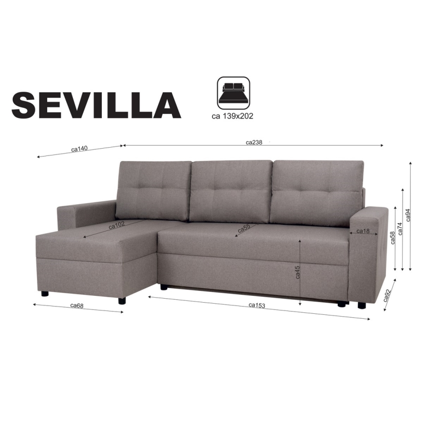 Univerzalna ugaona garnitura SEVILLA sa funkcijom spavanja i prostorom za odlaganje, siva
