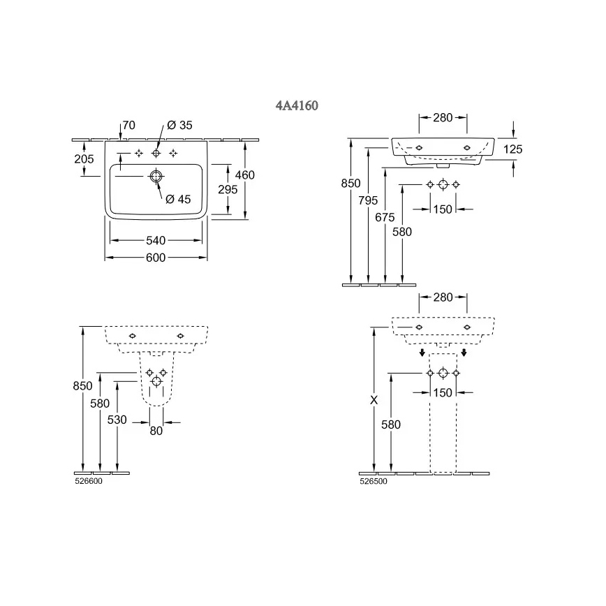 Villeroy & Boch 4A416001 - Viseći umivaonik O.NOVO 60x46 cm keramika/bela