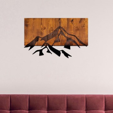 Zidna dekoracija 58x36 cm – motiv planina, drvo/metal