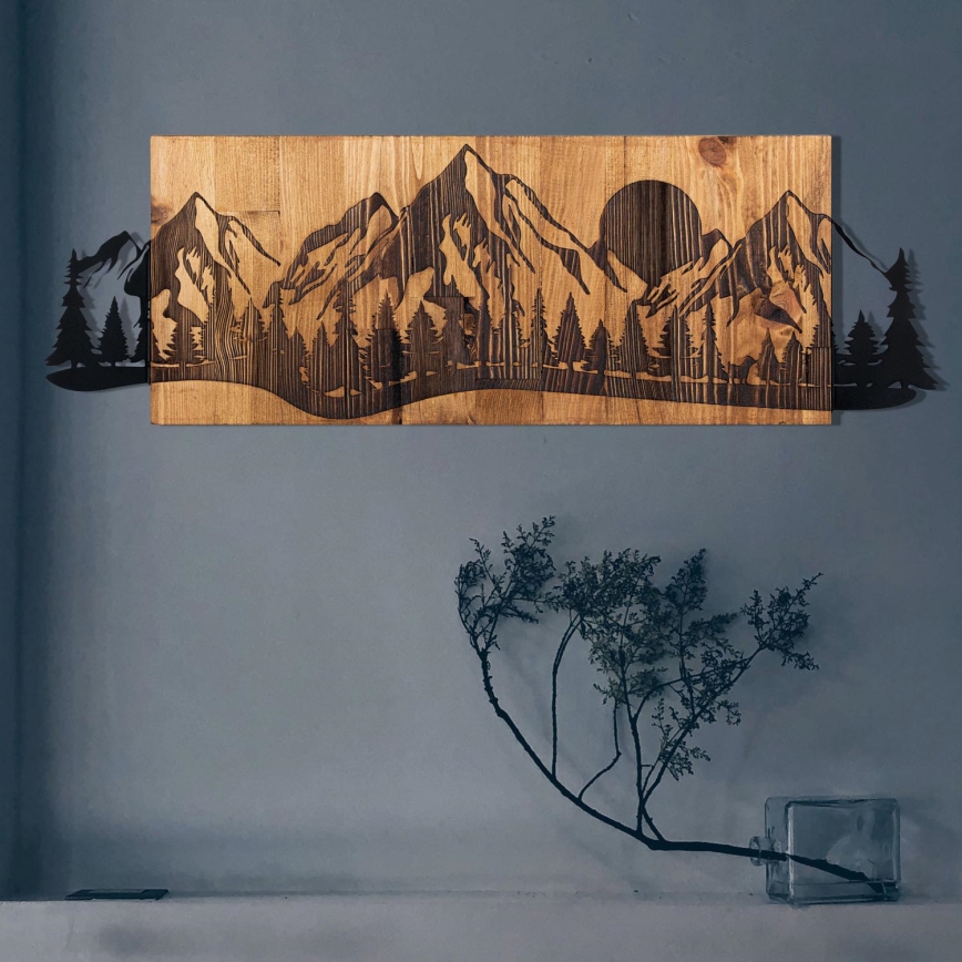 Zidna dekoracija 75,5x24,5 cm planinski motiv, drvo/metal