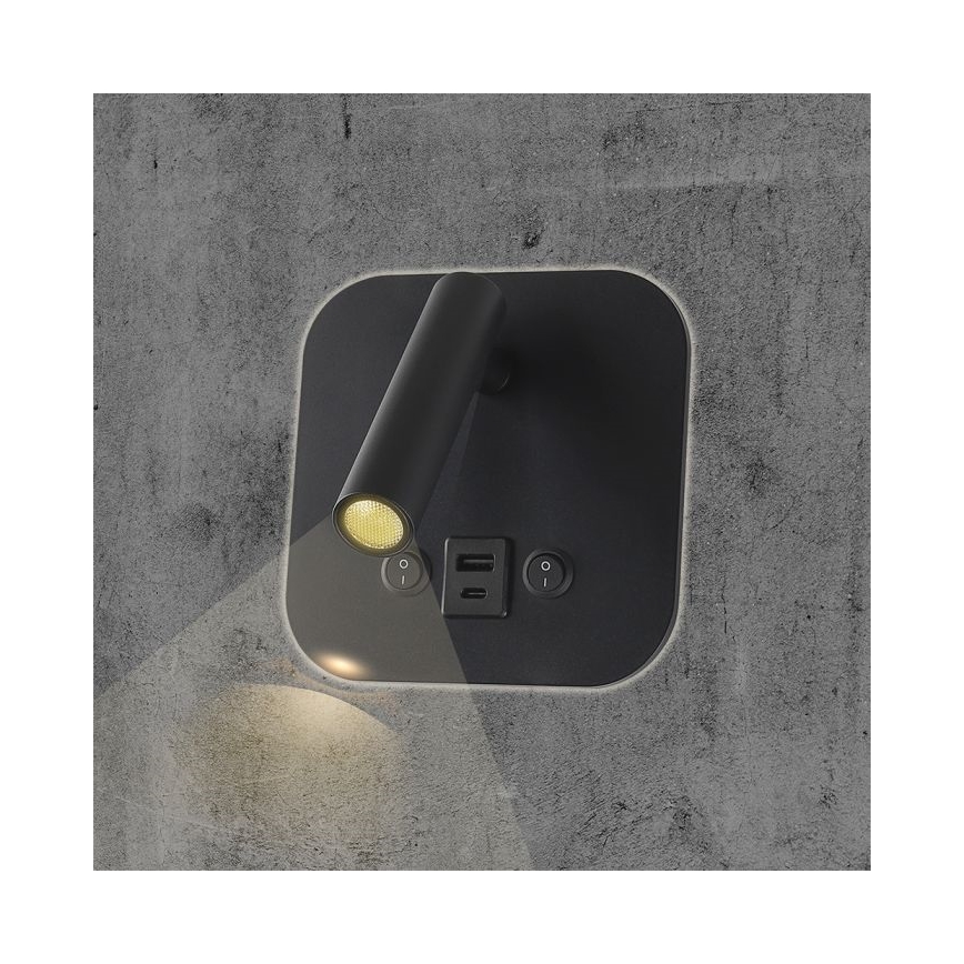 Zidna LED spot svetiljka sa USB portom LED/8W/230V 3000K crna