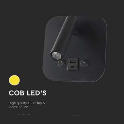 Zidna LED spot svetiljka sa USB portom LED/8W/230V 3000K crna