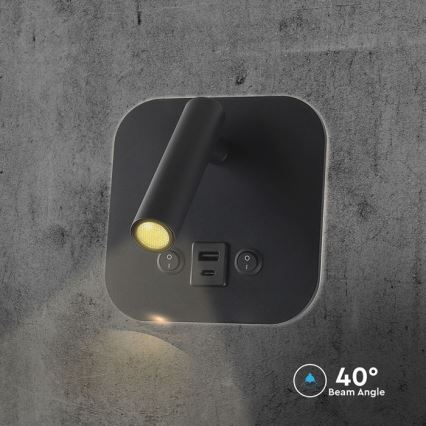 Zidna LED spot svetiljka sa USB portom LED/8W/230V 3000K crna