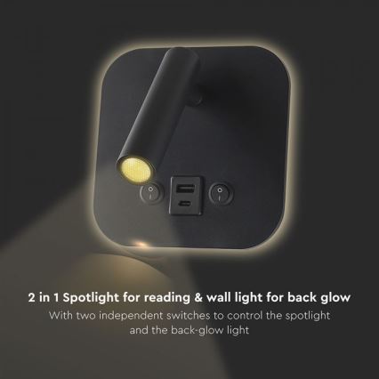 Zidna LED spot svetiljka sa USB portom LED/8W/230V 3000K crna