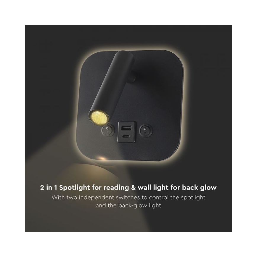 Zidna LED spot svetiljka sa USB portom LED/8W/230V 3000K crna