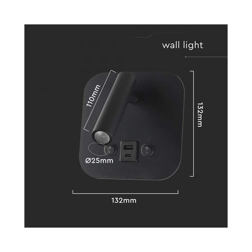 Zidna LED spot svetiljka sa USB portom LED/8W/230V 3000K crna