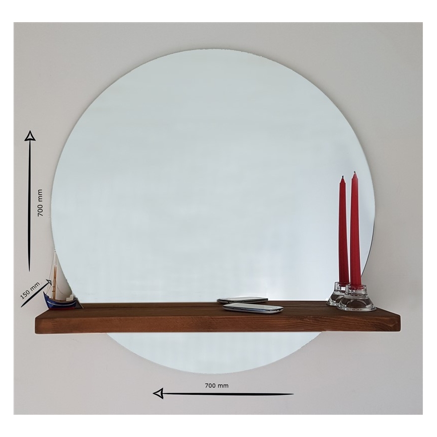 Zidno ogledalo sa policom SUNSET 70x70 cm, od borovine