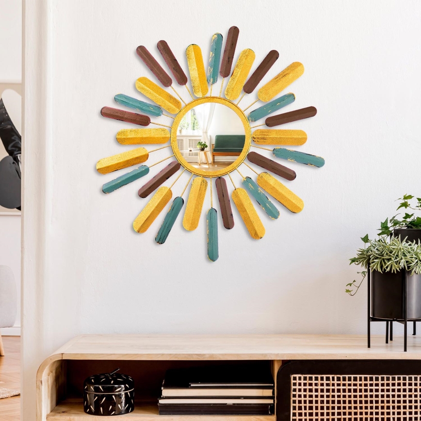 Zidno ogledalo SUN prečnika 75 cm, žuto